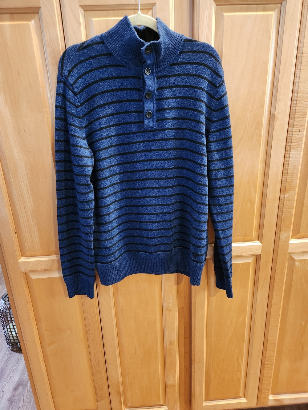 American Eagle Outfitters Navy and Black Striped Zip-Up Funnel Neck Sweater